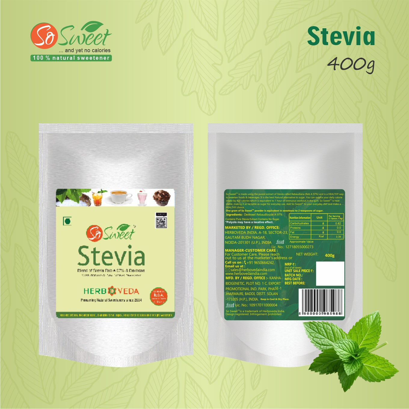 So Sweet Stevia Powder Low Calories 100% Natural Sweetener - 400Gm | Diabetic Friendly-Pack of 5