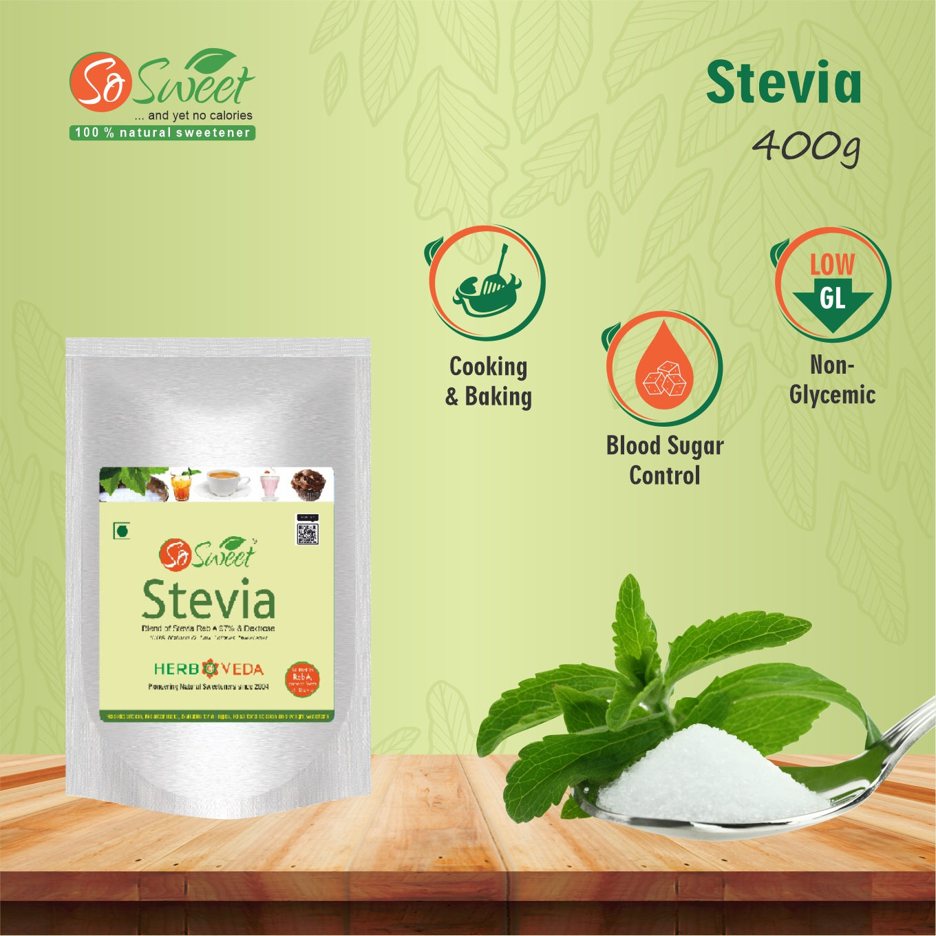 So Sweet Stevia Powder Low Calories 100% Natural Sweetener - 400Gm | Diabetic Friendly-Pack of 5