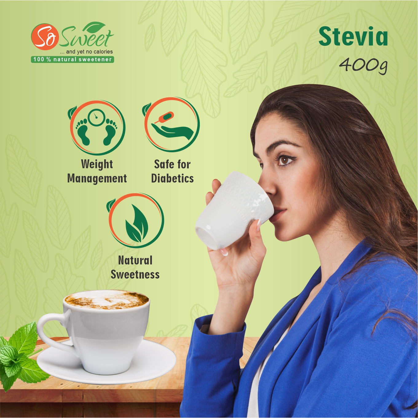 So Sweet Stevia Powder Low Calories 100% Natural Sweetener - 400Gm | Diabetic Friendly-Pack of 5
