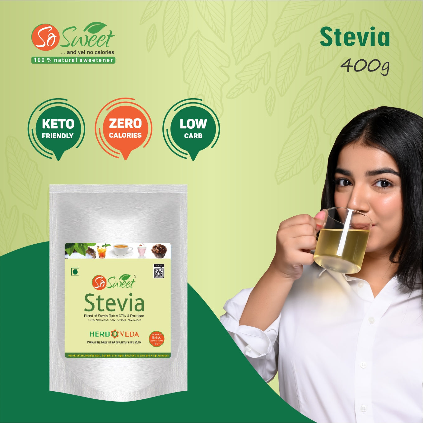 So Sweet Stevia Powder Low Calories 100% Natural Sweetener - 400Gm | Diabetic Friendly-Pack of 5