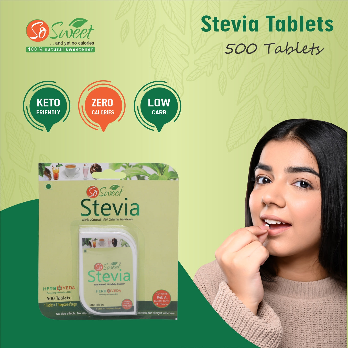 So Sweet Stevia Tablets Sugar Free Natural Zero Calorie Sweetener (Pack of 3) (500 Tab+100 Tab-2)