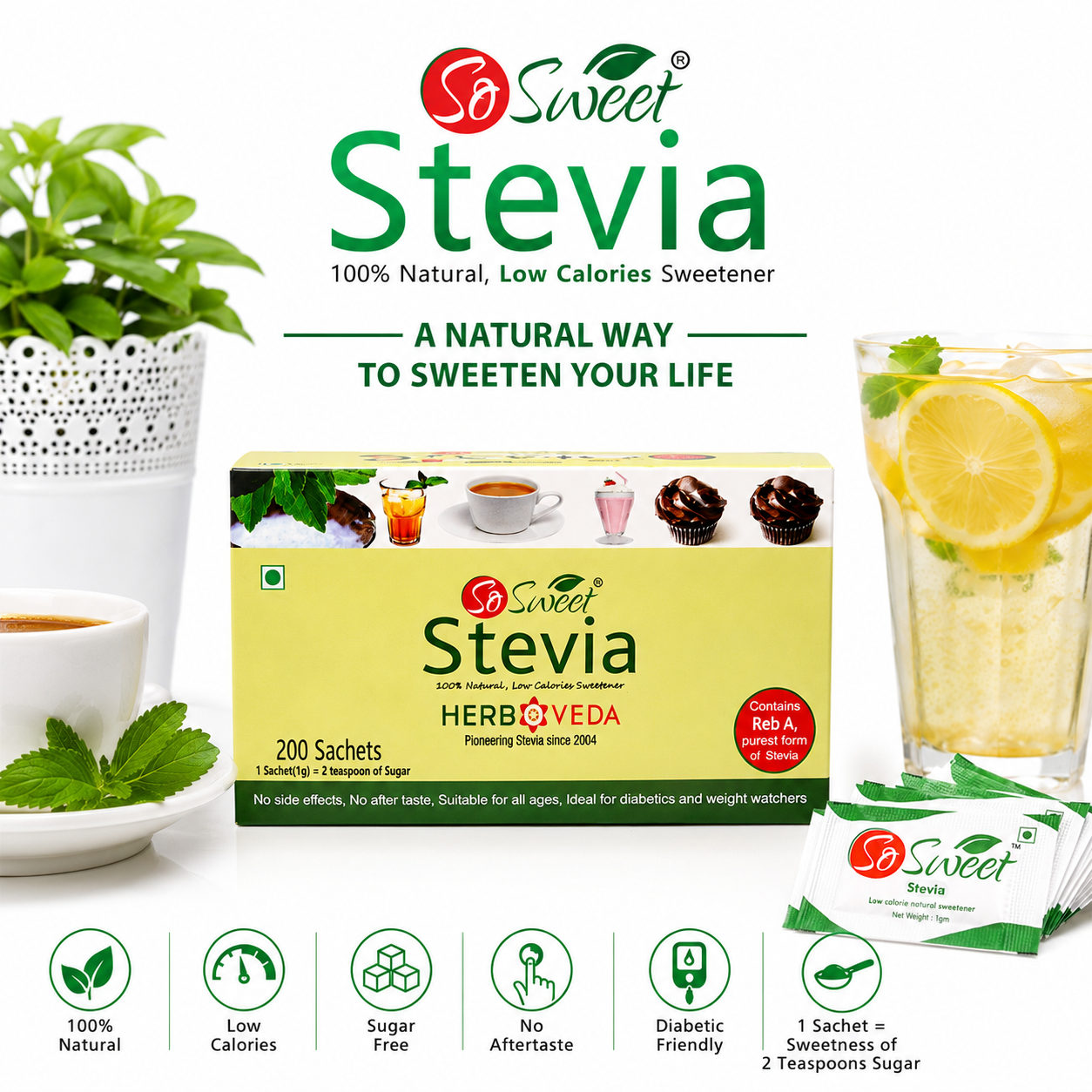So Sweet Stevia Sachets Sugar Free Natural Low Calorie Sweetener - 200 Sachets