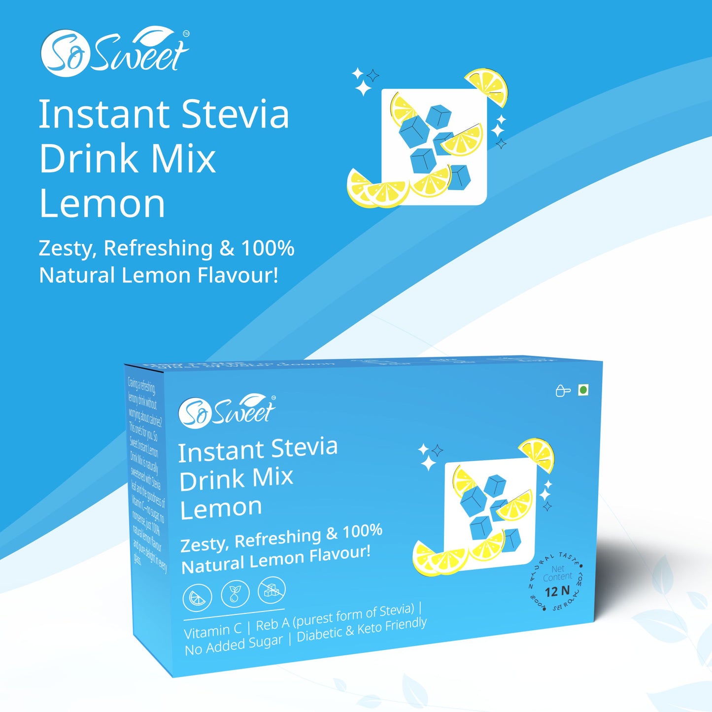 Stevia Sugar Free Instant Lemon Juice Drink Mix - 12 Sachets-Pack of 4