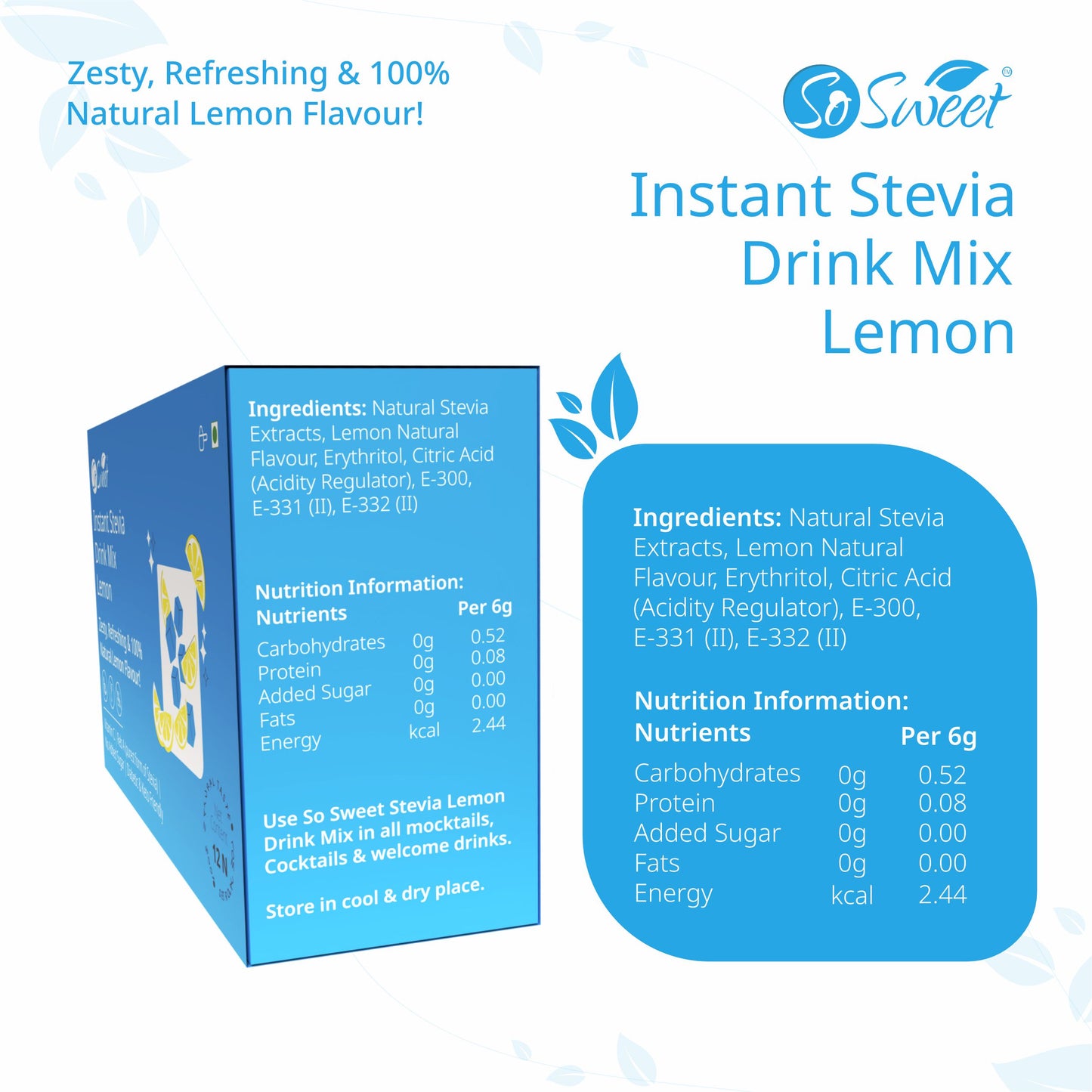 Stevia Sugar Free Instant Lemon Juice Drink Mix - 12 Sachets-Pack of 4