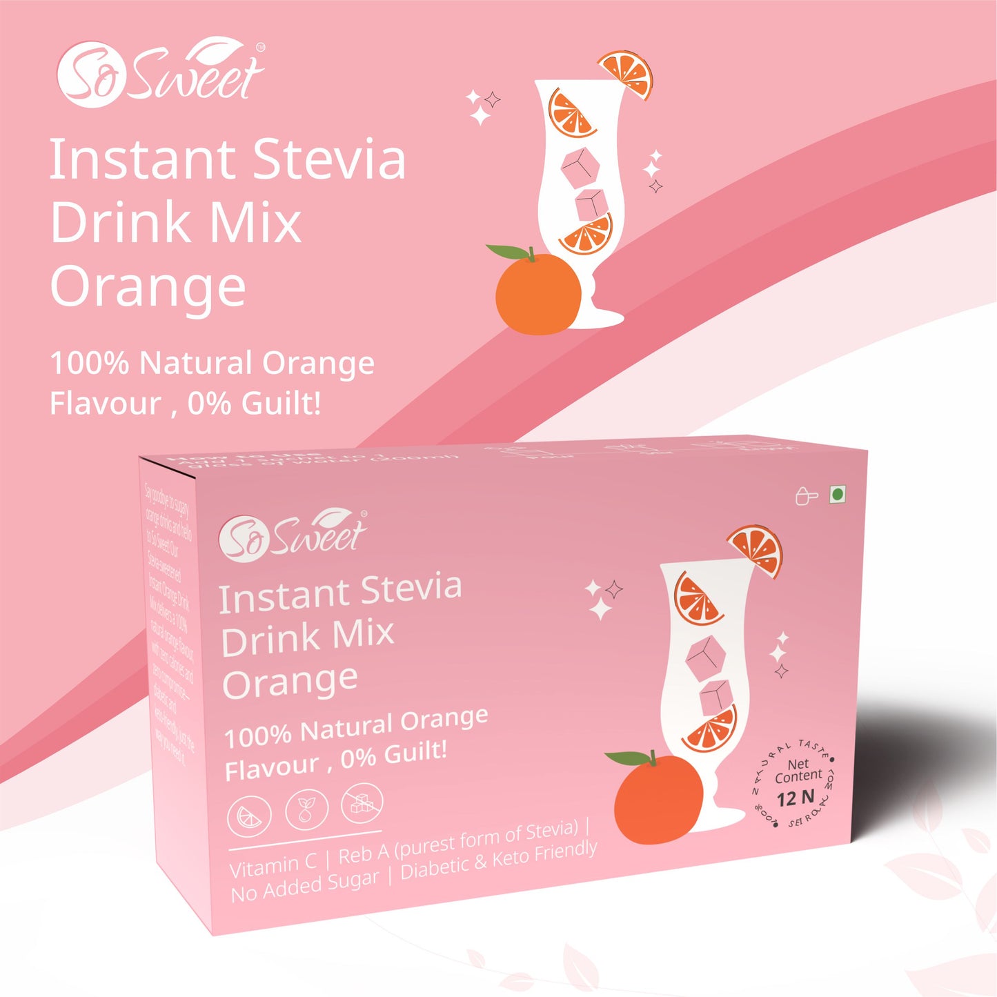 Stevia Sugar Free Instant Orange Drink mix - 12 Sachets-Pack of 4