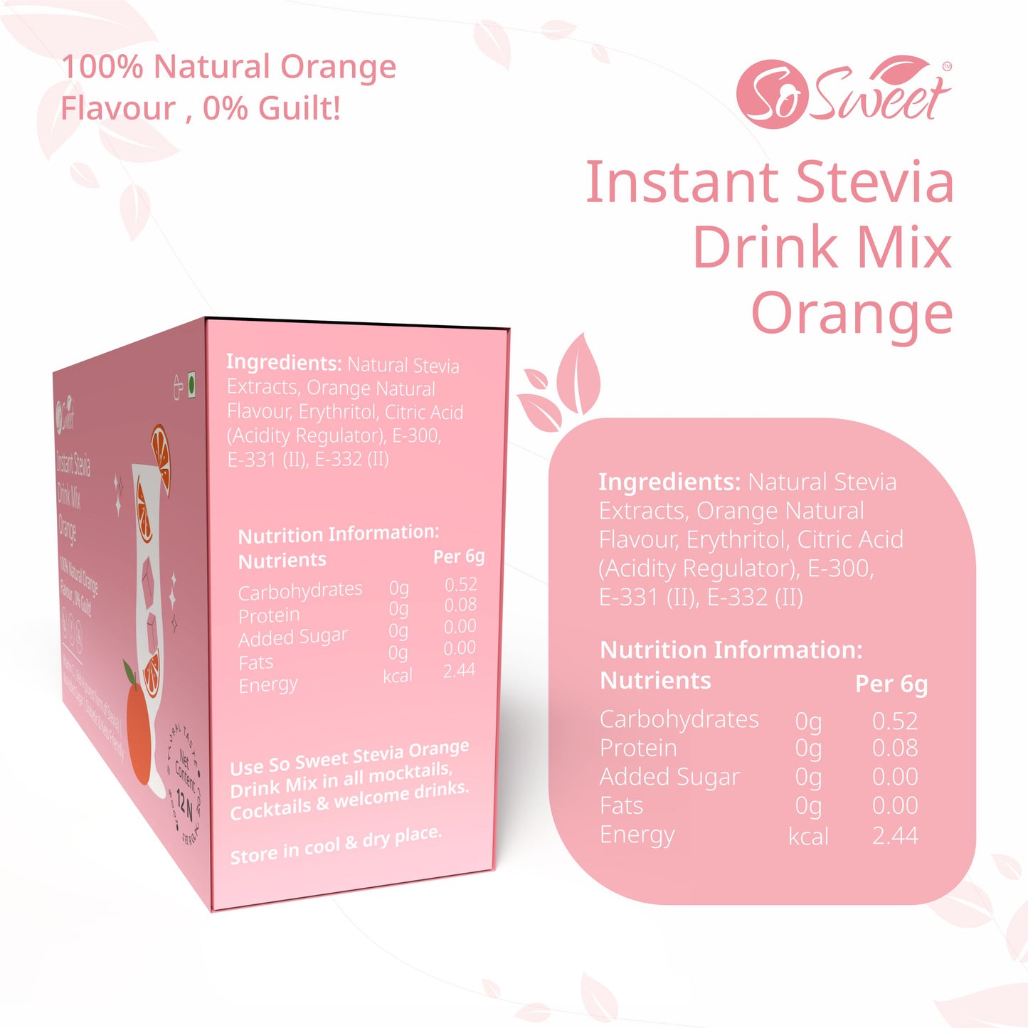 Stevia Sugar Free Instant Orange Drink mix - 12 Sachets-Pack of 4