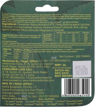 So Sweet Stevia Tablets Sugar Free Natural Zero Calorie Sweetener 200 Tablets