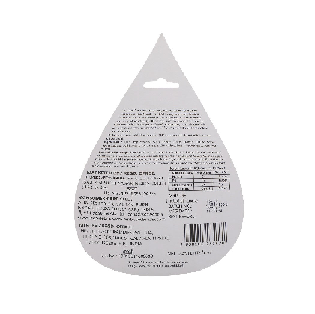 So Sweet Stevia Liquid Sugar Free 100 Drops - 5ml | Zero Calorie | Diabetic Friendly-Pack of 4