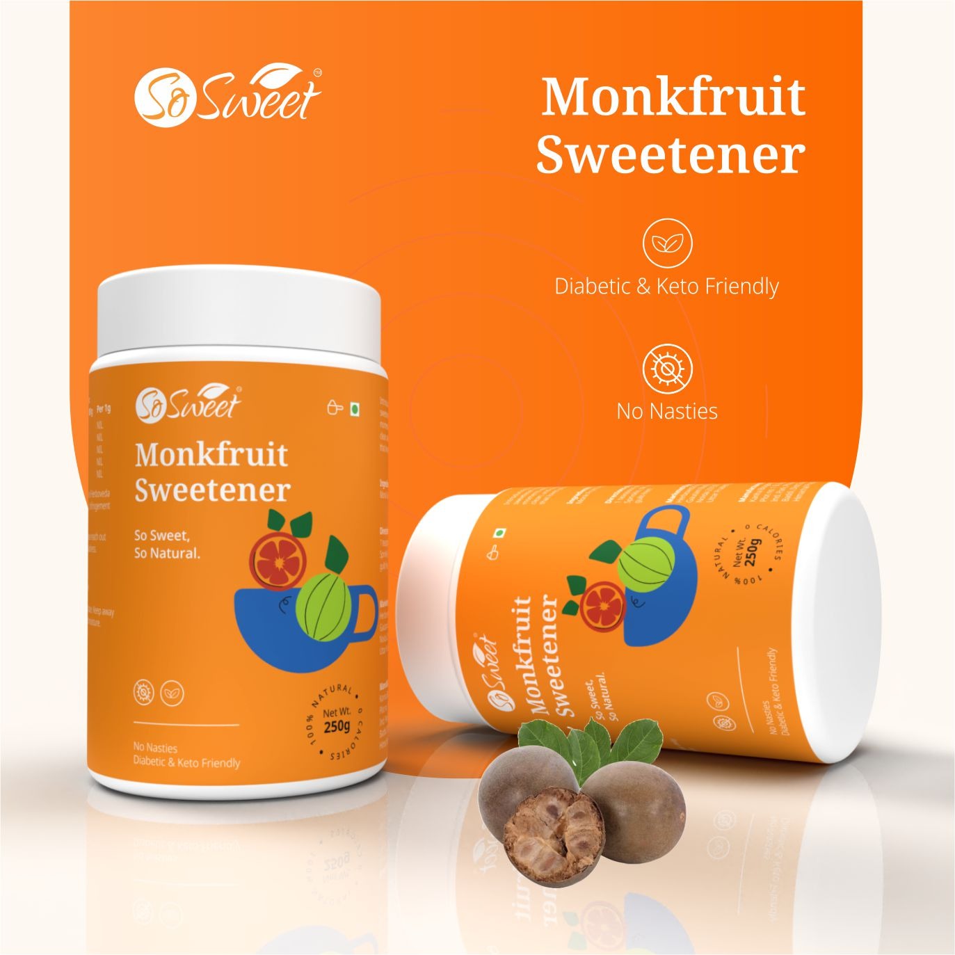 Monk Fruit Sweetener (250gm) | 100% Natural Zero Calorie Sugar Substitute | Diabetic & Keto Friendly-Pack of 2