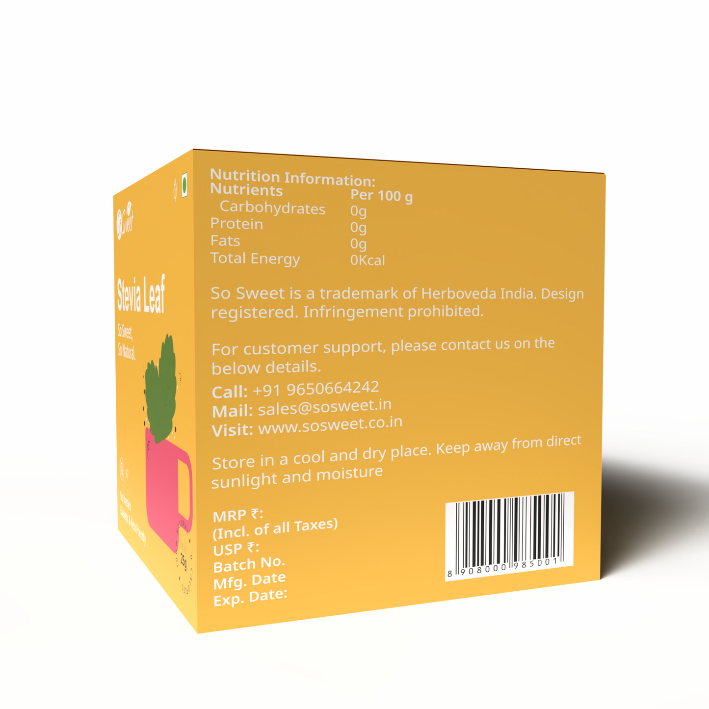 So Sweet Stevia Leaf Sugar Free Natural Zero Calorie Sweetener Pack of 5 (25gm each)