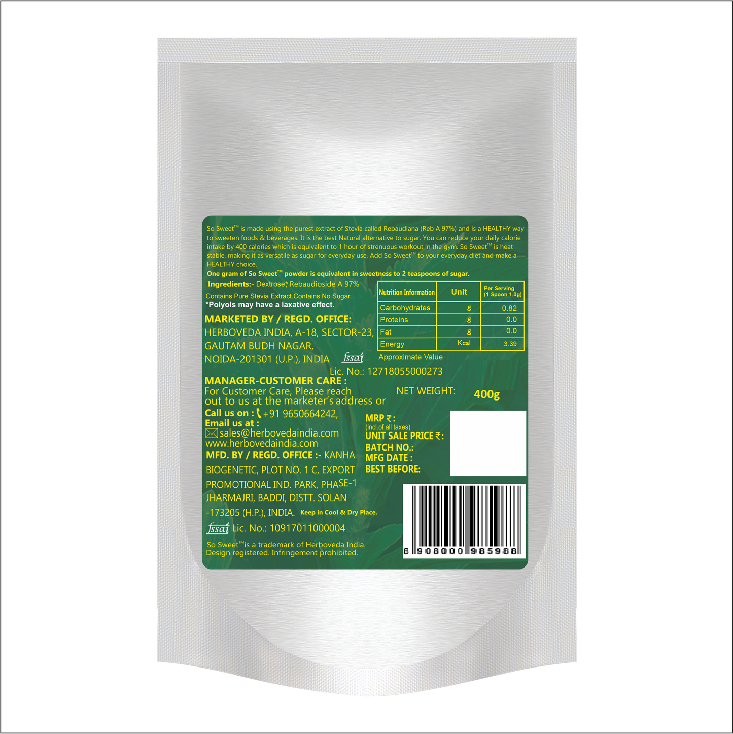 So Sweet Stevia Powder Low Calories 100% Natural Sweetener - 400Gm | Diabetic Friendly-Pack of 5