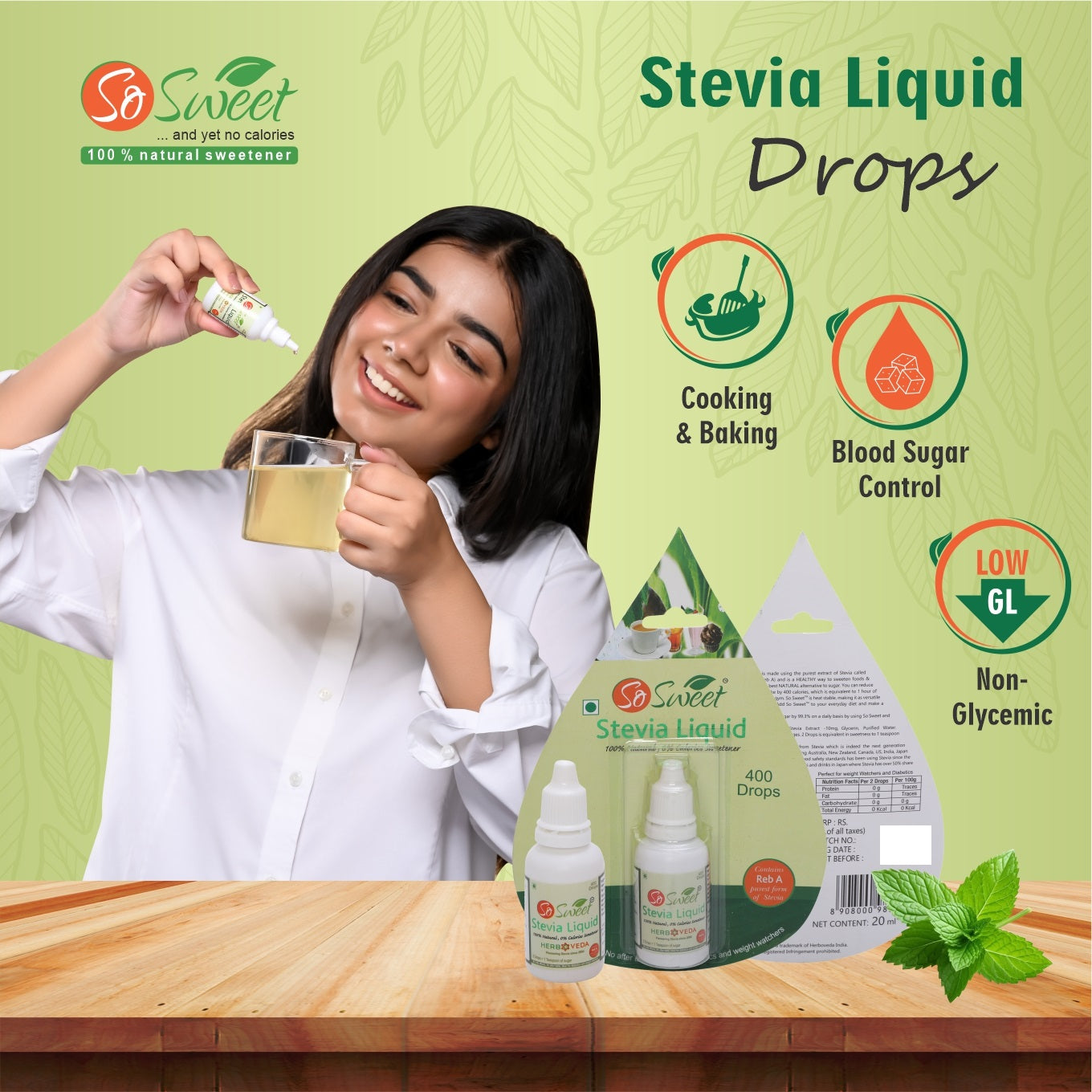 Stevia Drops Liquid - 20ml | 400 Drops (200 Servings) | Sugar Free | Zero Calories |