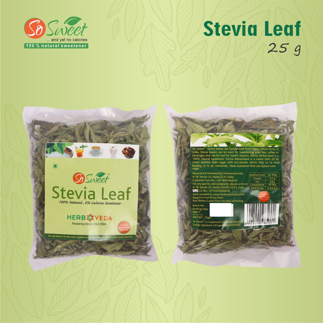 So Sweet Stevia Leaf Sugar Free Natural Zero Calorie Sweetener Pack of 3 (25 gm each)