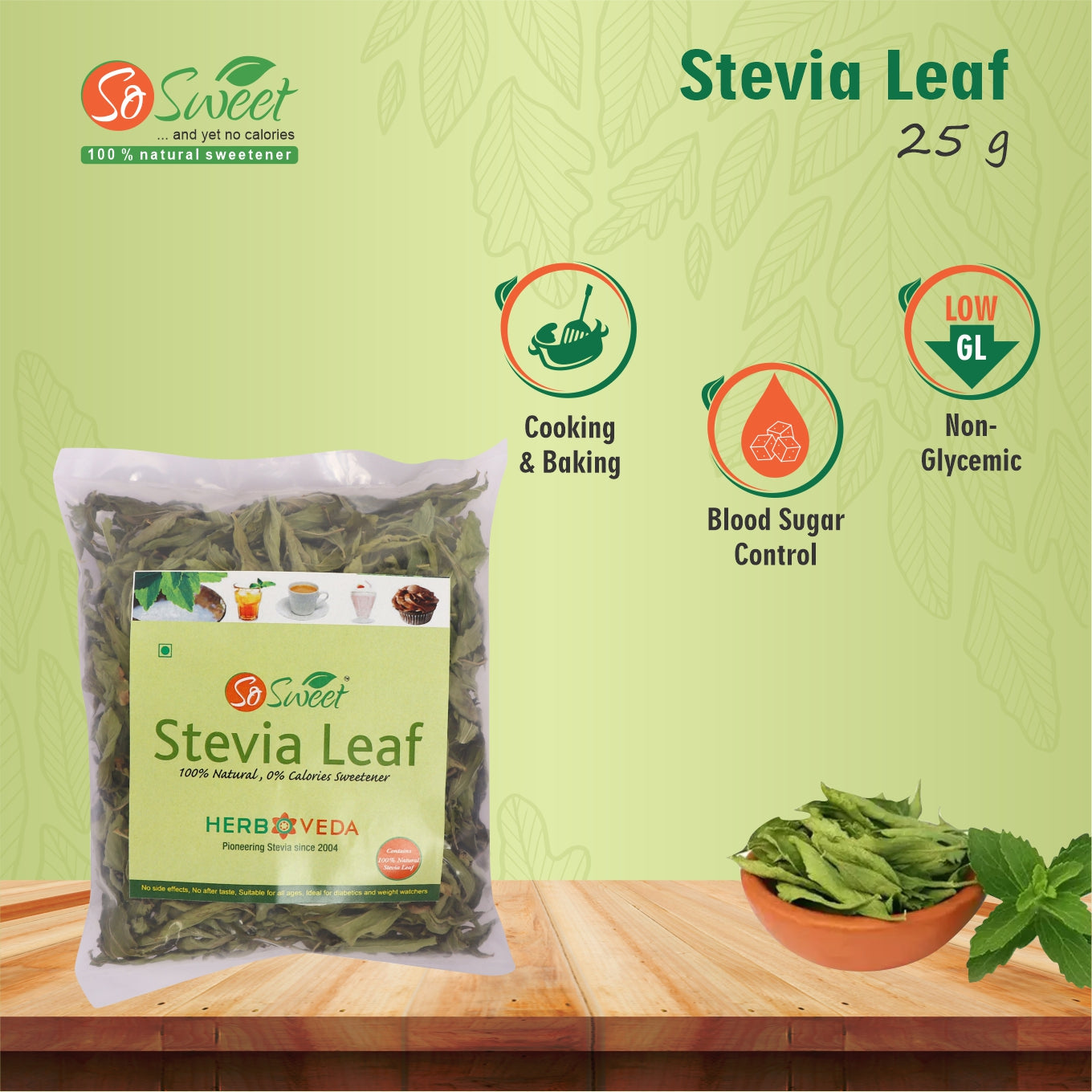 So Sweet Stevia Leaf Sugar Free Natural Zero Calorie Sweetener Pack of 3 (25 gm each)