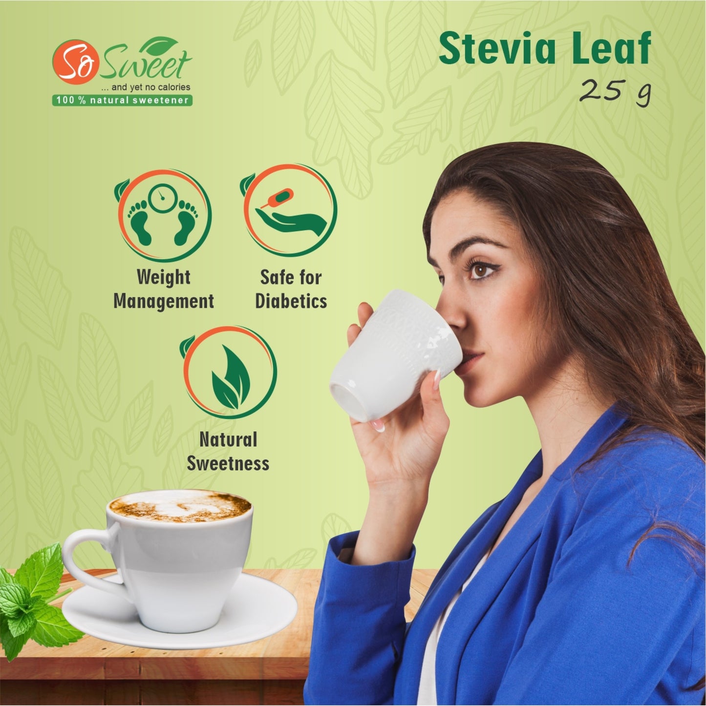 So Sweet Stevia Leaf Sugar Free Natural Zero Calorie Sweetener Pack of 3 (25 gm each)