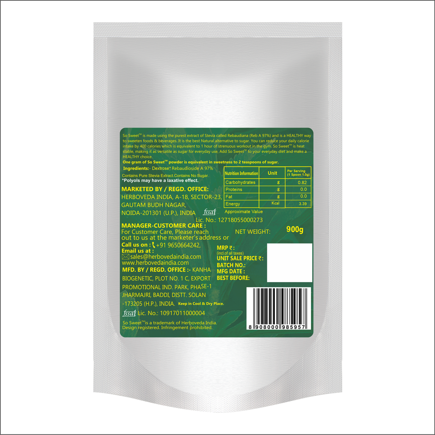 So Sweet Stevia Powder 100% Natural Low Calories Sugar Free Sweetener 900gm- Pack of 6