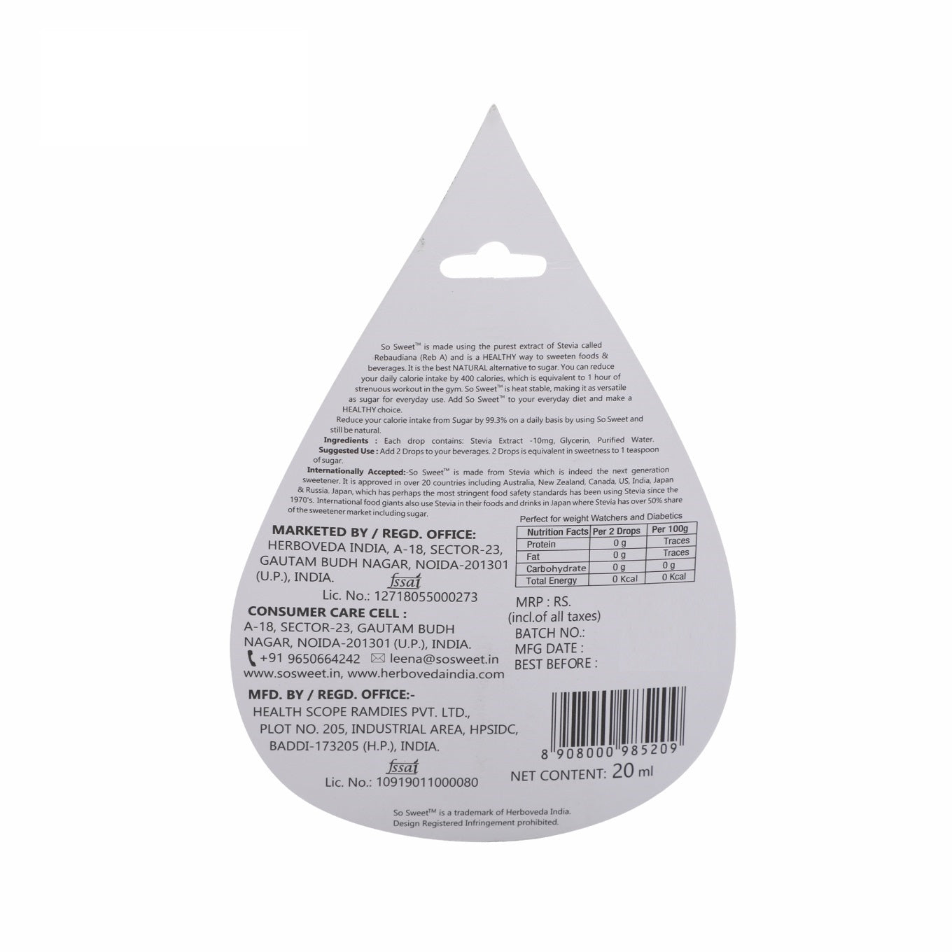 So sweet Stevia Liquid Sugar Free Natural Zero Calorie Sweetener (Pack of 4, 1600 Drops - 400 Drops Each)