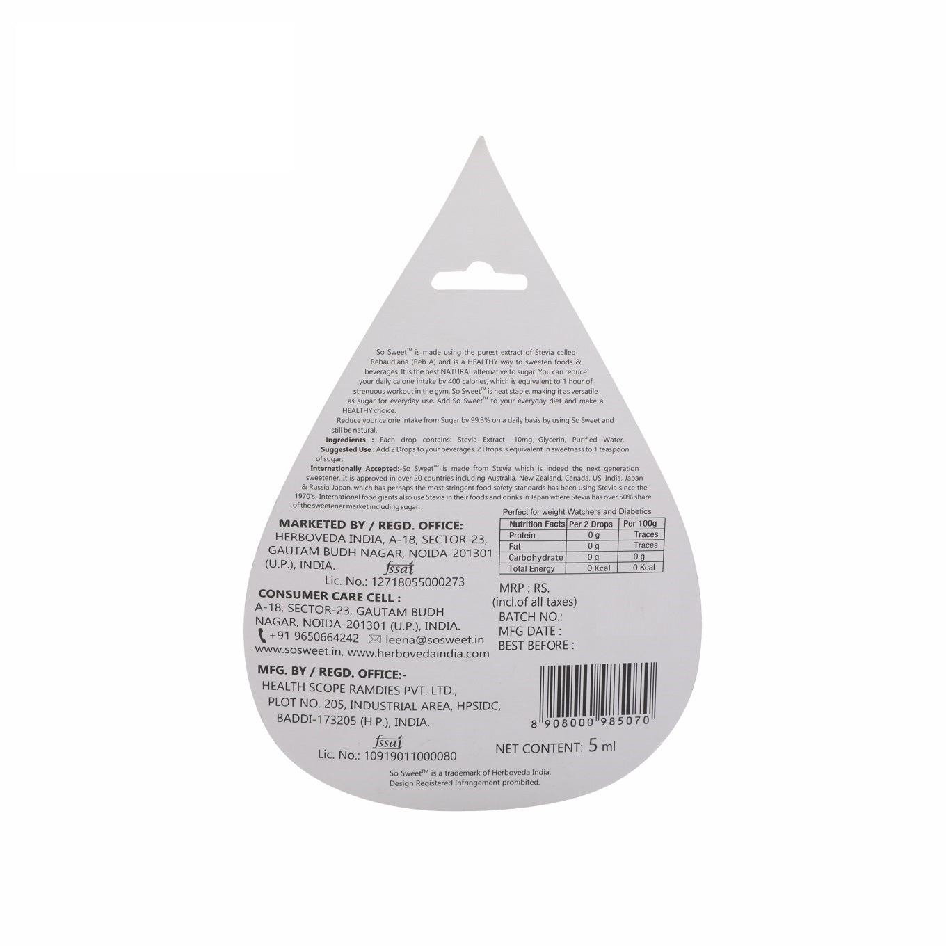 So Sweet Stevia Liquid Sugar Free 100 Drops - 5ml | Zero Calorie | Diabetic Friendly -Pack of 5