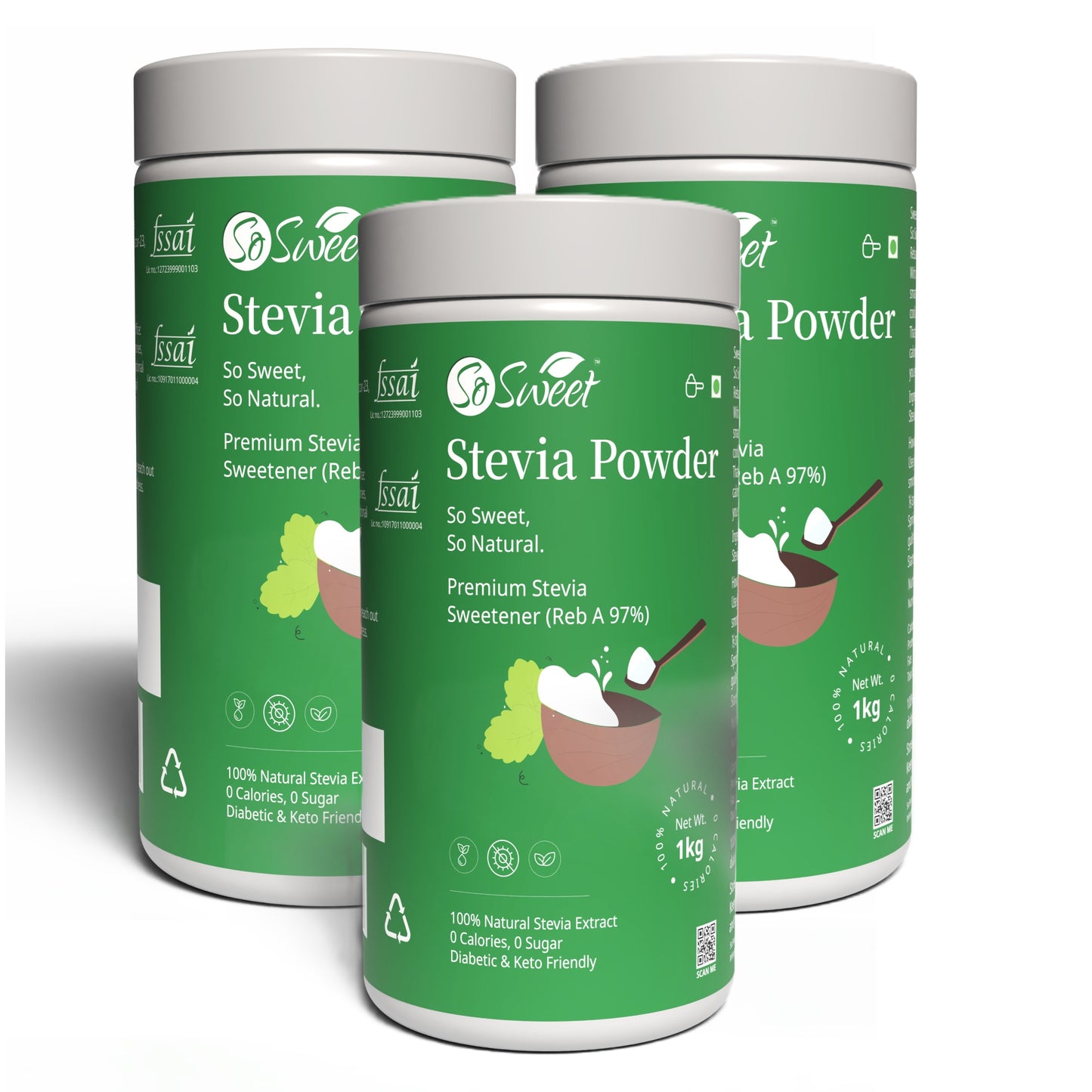 Stevia Powder | Sugar Free100% Natural Sweetener-1kg -Pack of 3-So Sweet
