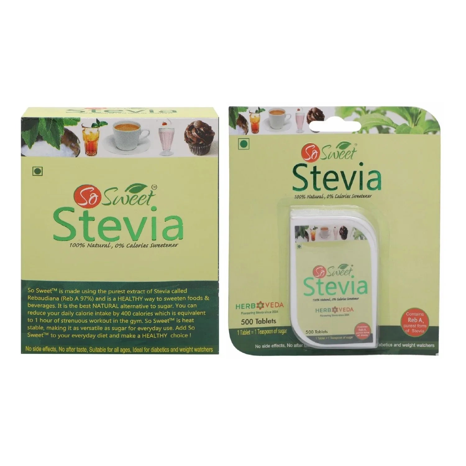 So Sweet Stevia Tablets 500 + 50 Sachets Combo Pack of 2 – Zero Calorie ...