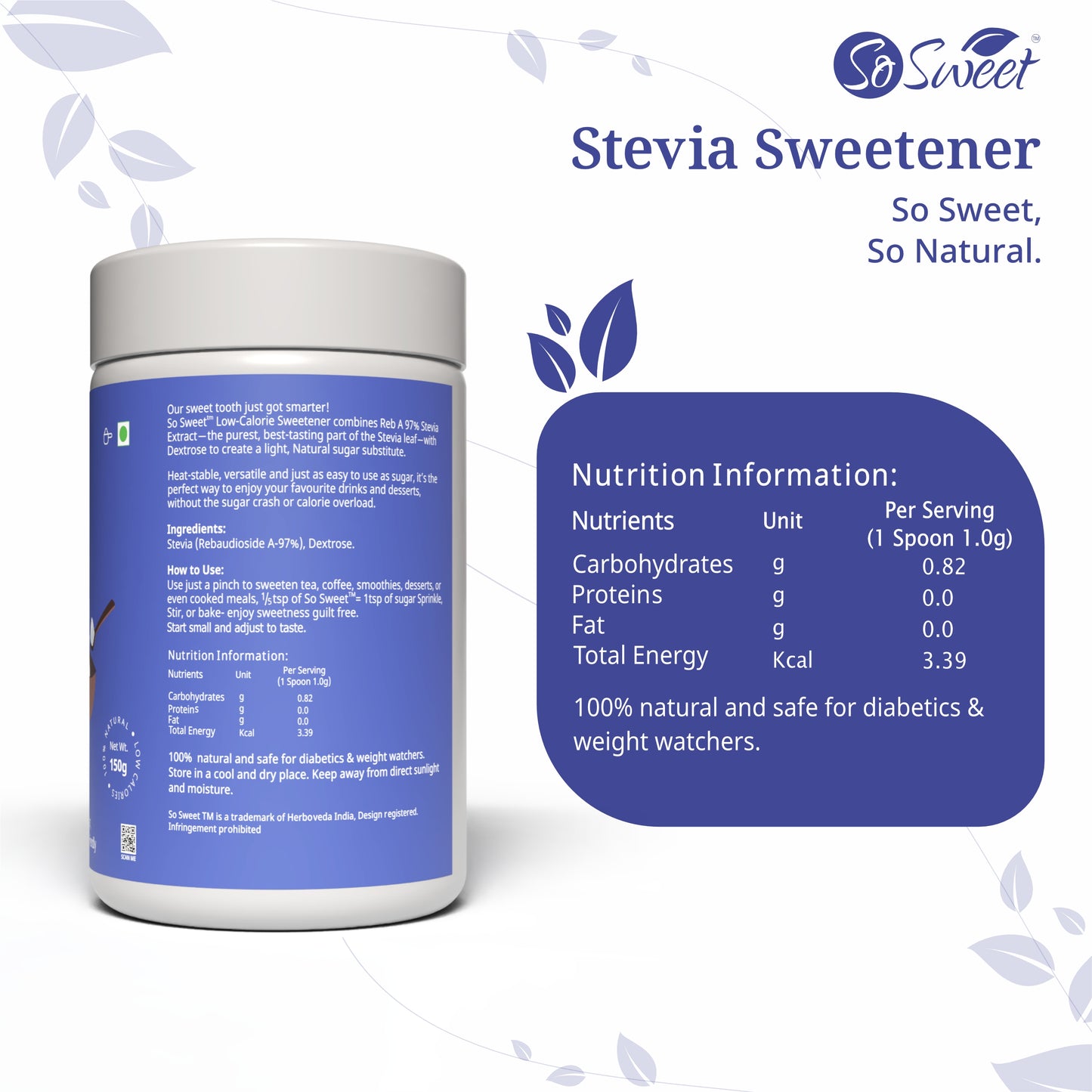 Stevia Sugar Free Sweetener 150gm |-Pack of 6 I Best Diabetes Sugar Alternatives-So Sweet