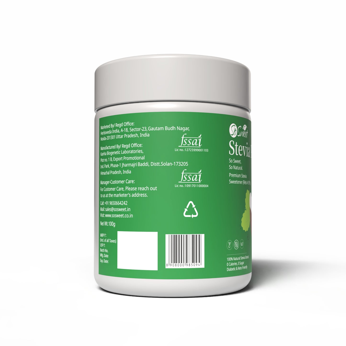 Zero Calorie Stevia Powder | Sugar Free Natural Sweetener-100gm-Pack of 4-So Sweet