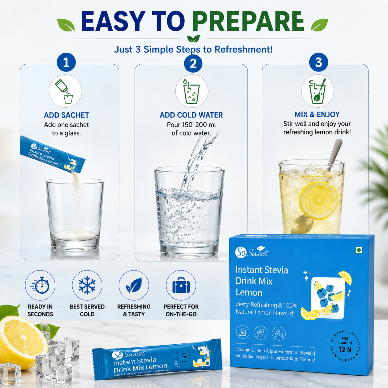So Sweet Stevia Orange And Lemon Drink Mix Sugar Free | Zero Calories| Enrich with Vitamin C | 12 Sachets