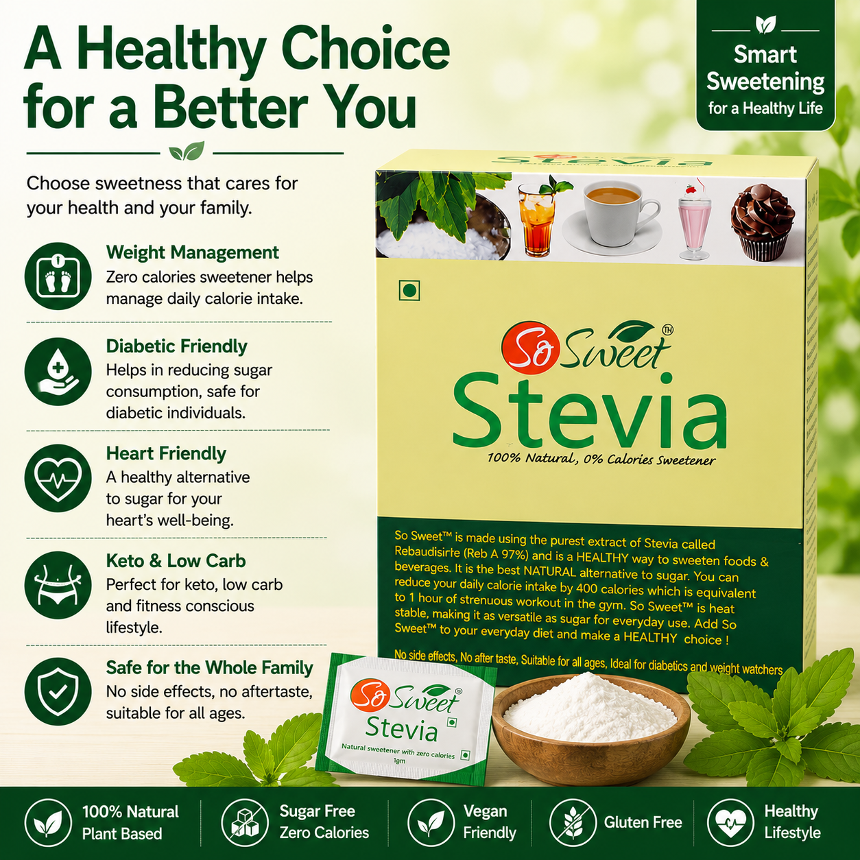 Stevia Sachets Sachets | Zero Calorie Natural Sugar Free Sweetener-So Sweet