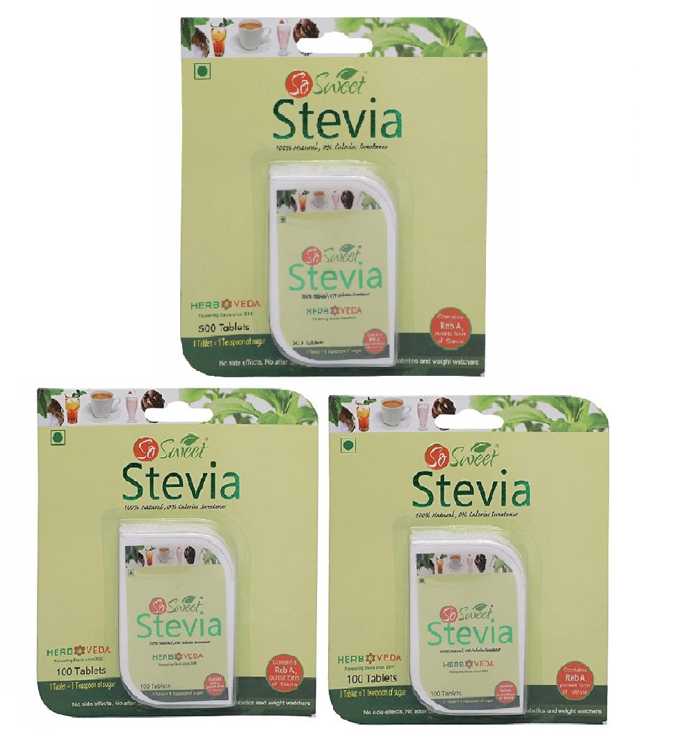 So Sweet Stevia Tablets Sugar Free Natural Zero Calorie Sweetener (Pack of 3) (500 Tab+100 Tab-2)