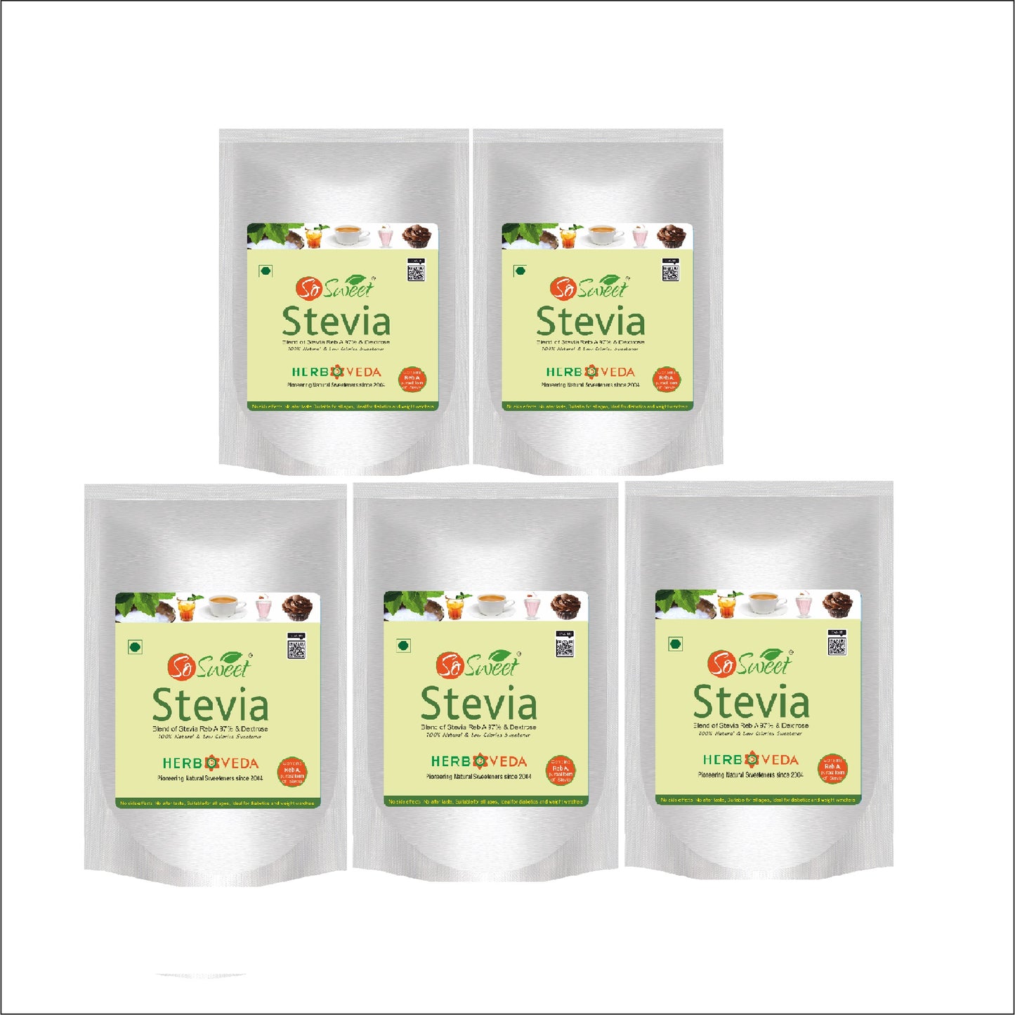 So Sweet Stevia Powder Low Calories 100% Natural Sweetener - 400Gm | Diabetic Friendly-Pack of 5