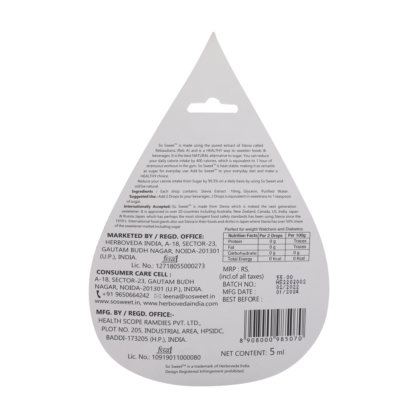 So sweet Stevia Liquid Sugar Free 100 Drops Zero Calorie | Diabetic Friendly