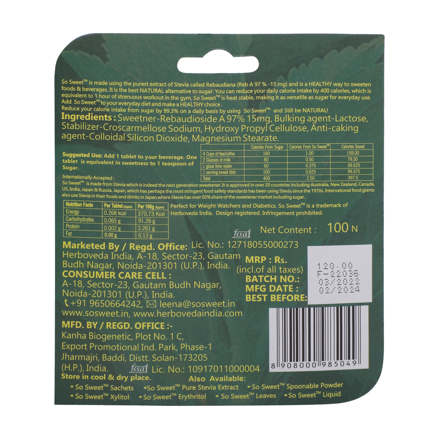 So Sweet Stevia Tablet 100 Sugar Free Natural Zero Calorie Sweeneter