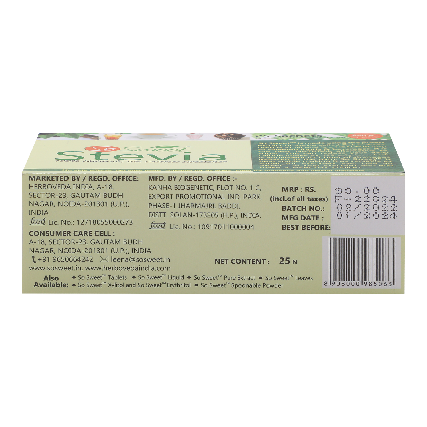 So Sweet Stevia 25 Sachets Sugar Free Sweetener | Zero Calorie