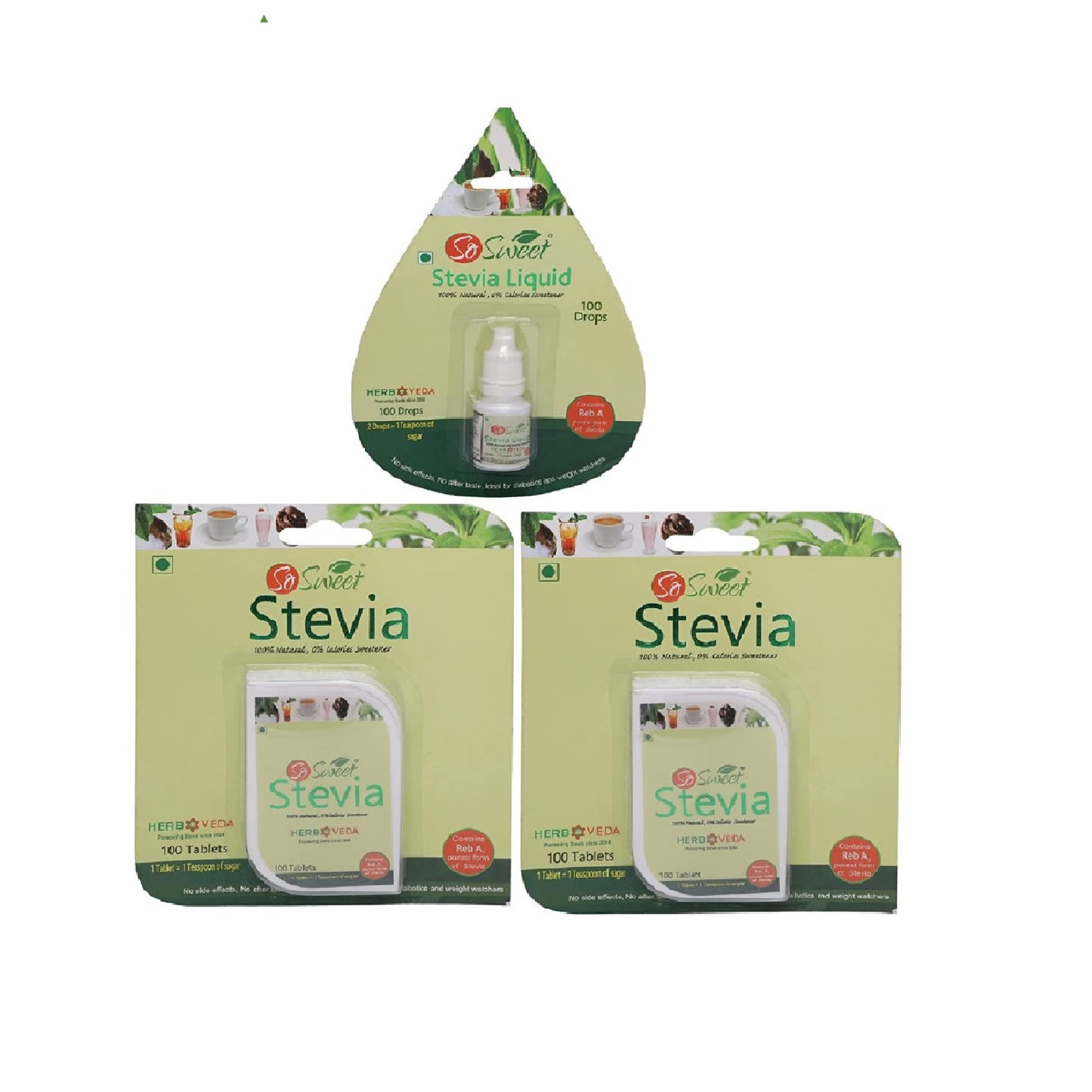 So Sweet Stevia Tablets 200 + Stevia 100 Liquid Sugar Free 100% Natural Sweetener (Pack of 3)