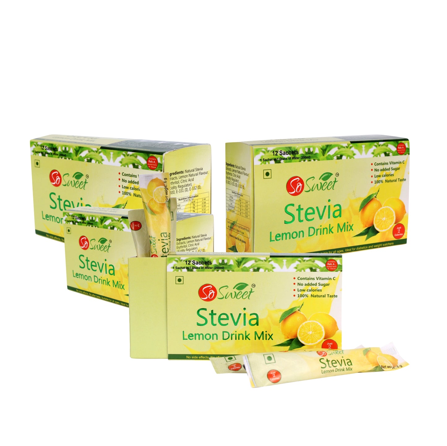 Stevia Sugar Free Instant Lemon Juice Drink Mix - 12 Sachets-Pack of 4