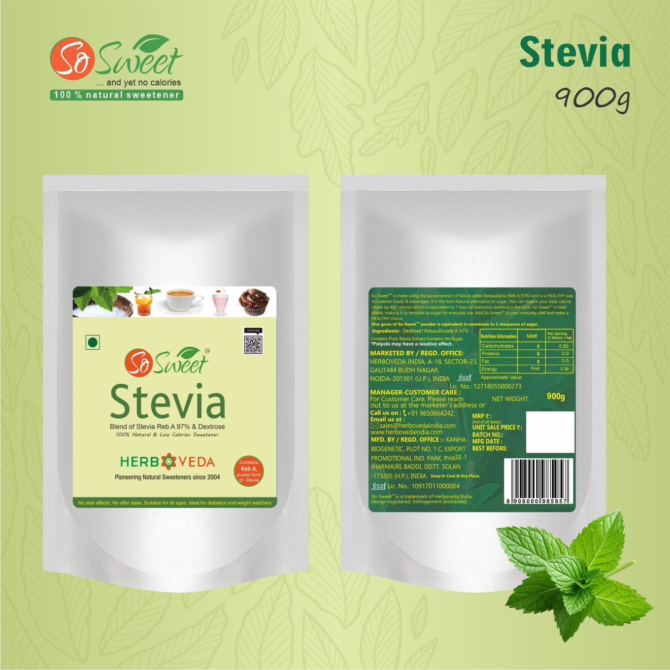 So Sweet Stevia Powder 100% Natural Low Calories Sugar Free Sweetener 900gm- Pack of 4