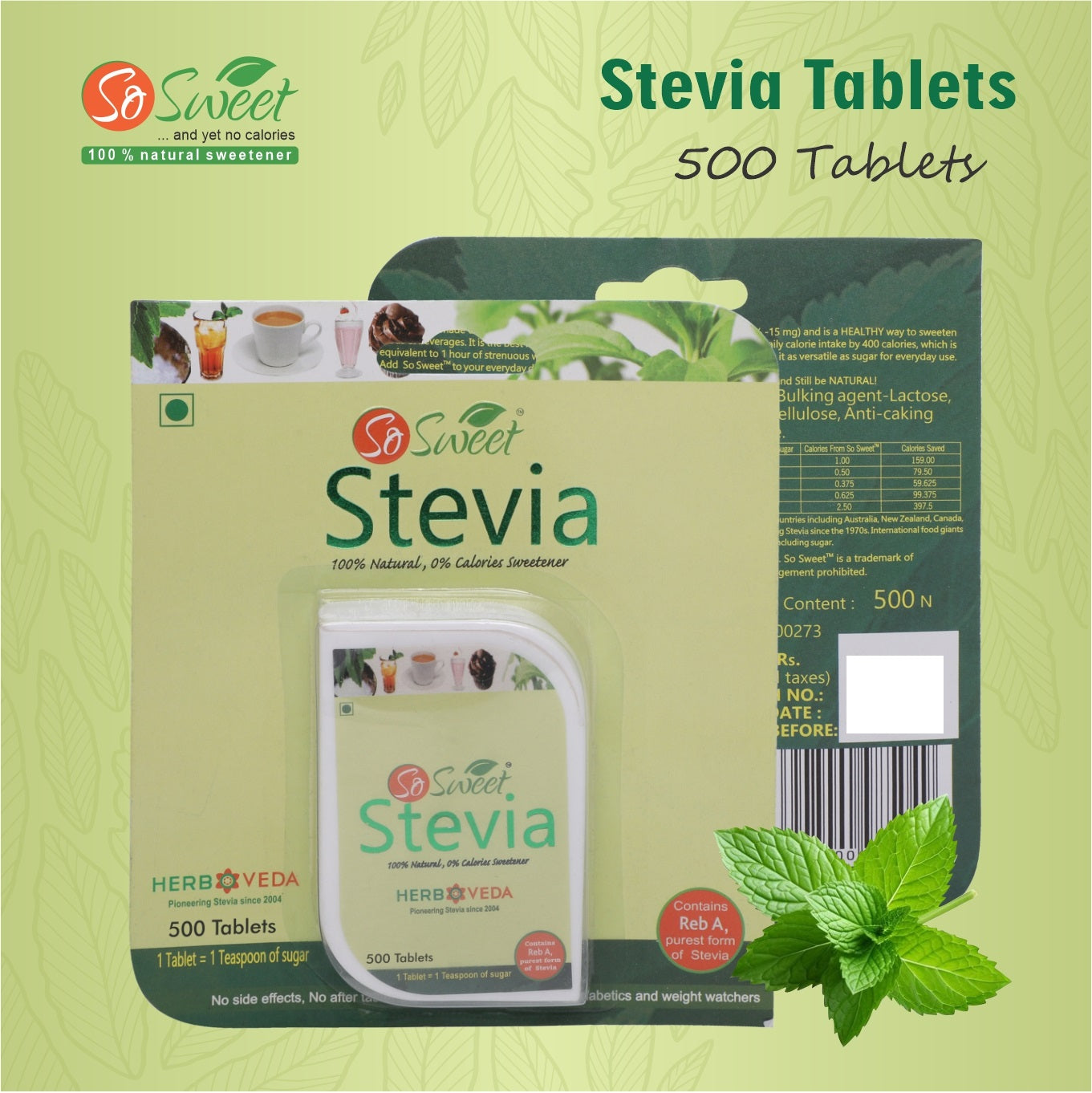 So Sweet Stevia Tablets Sugar Free Natural Zero Calorie Sweetener (Pack of 3) (500 Tab+100 Tab-2)