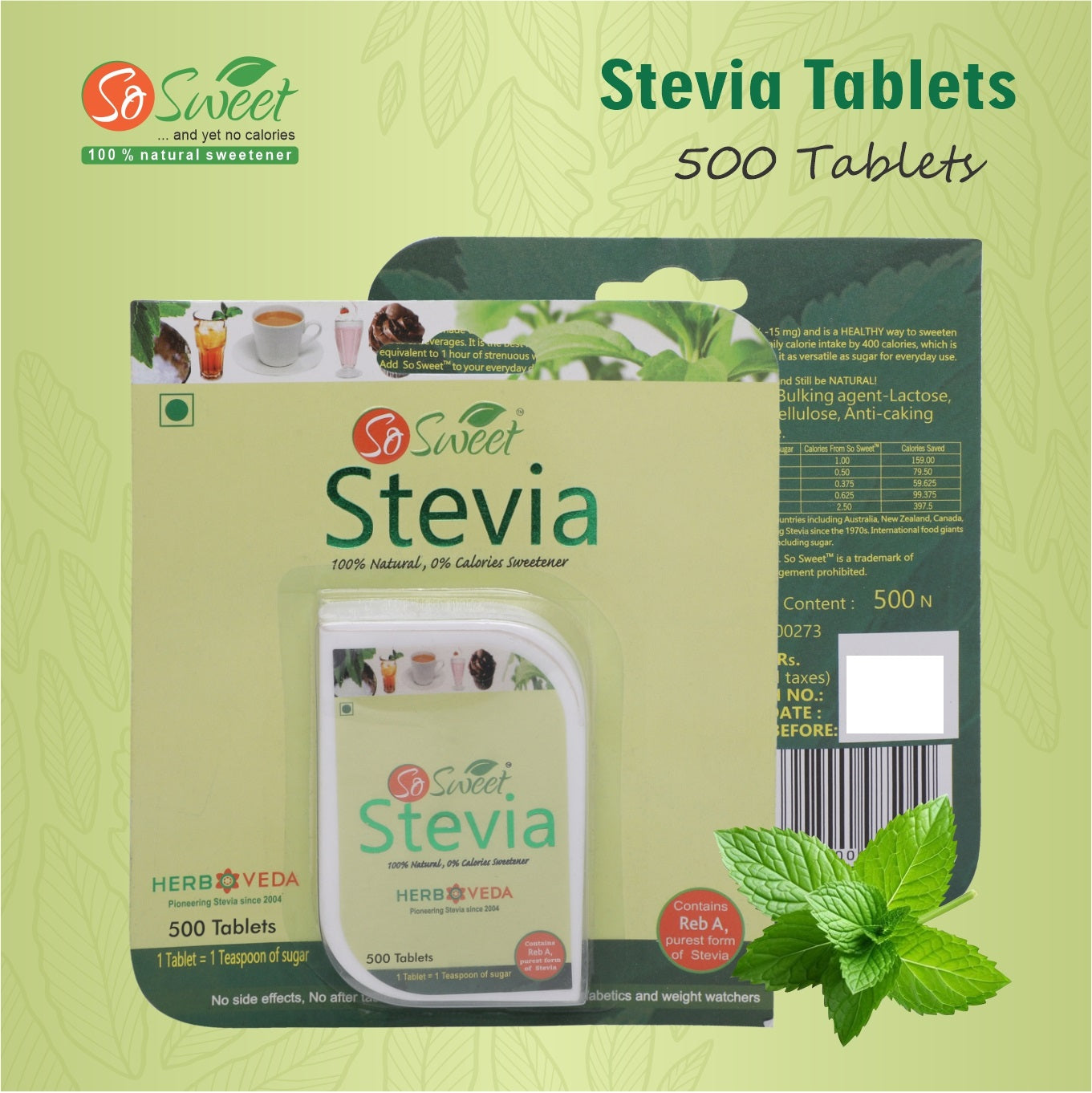 So Sweet Stevia Combo (250gm, 50 Sachets, 500 Stevia Tablets) Natural Sweetener