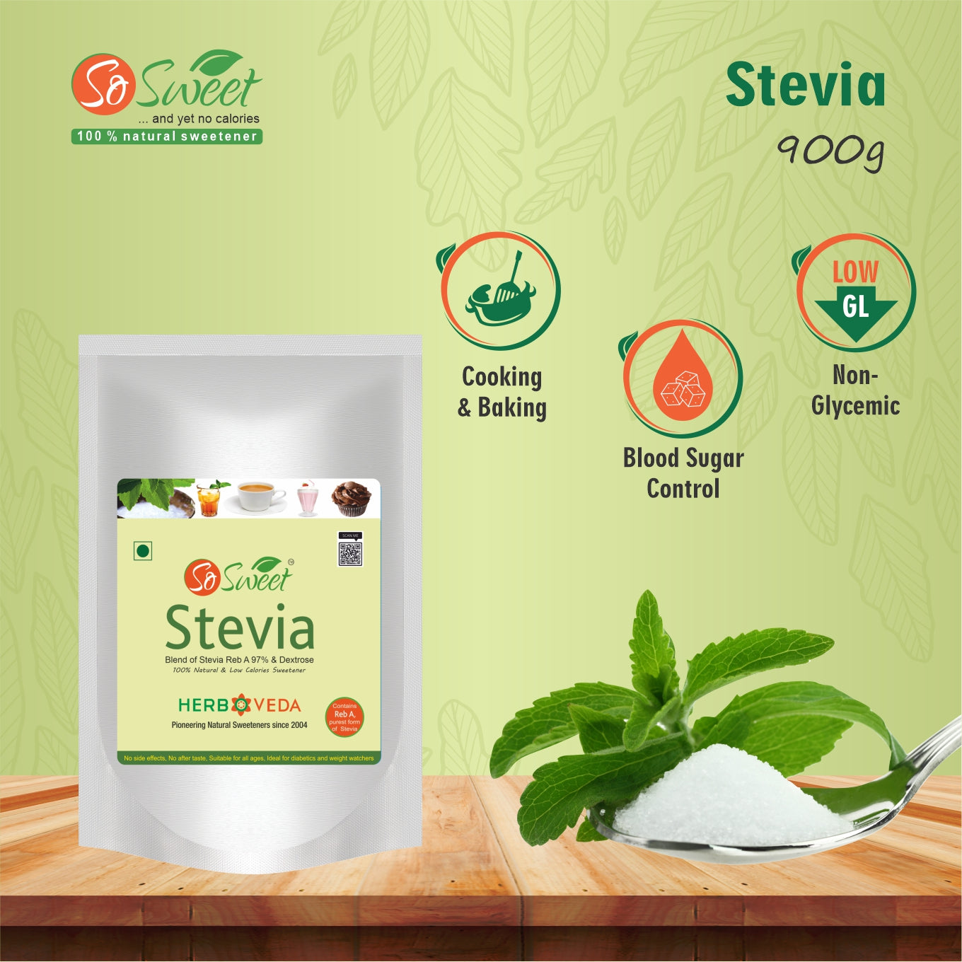 So Sweet Stevia Powder 100% Natural Low Calories Sugar Free Sweetener 900gm-Pack of 5