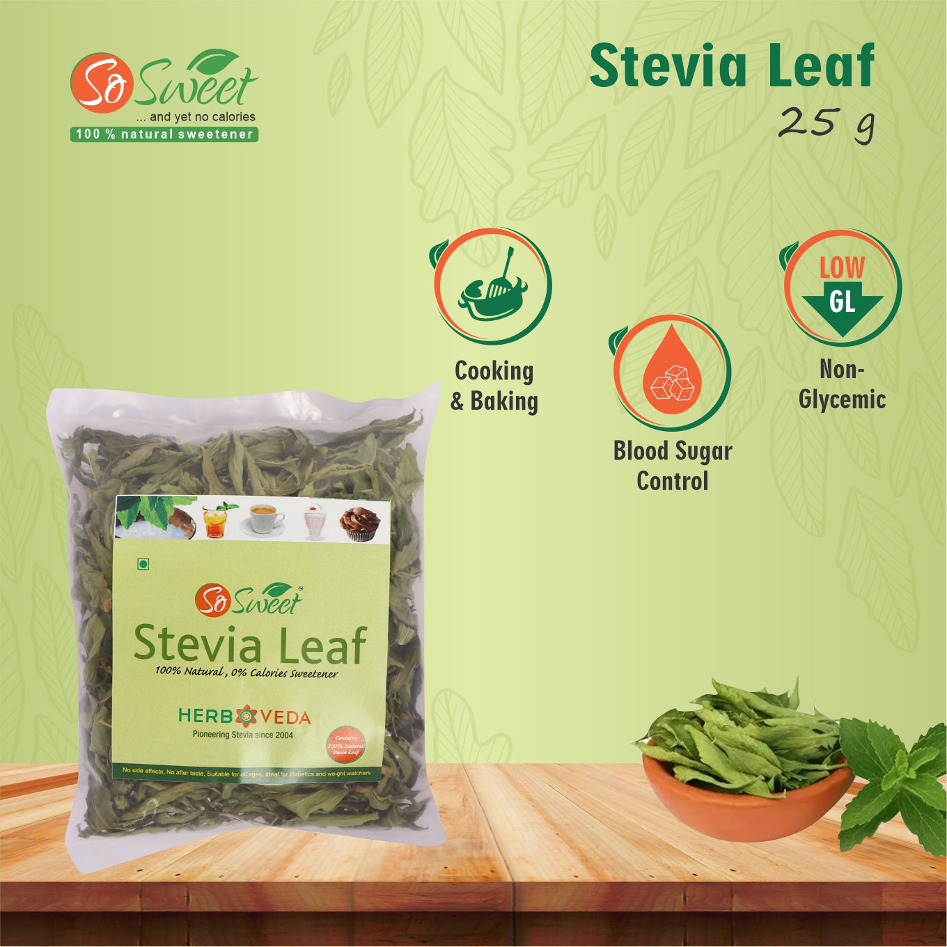 So Sweet Stevia Leaf Sugar Free Natural Zero Calorie Sweetener Pack of 3 (25gm each)