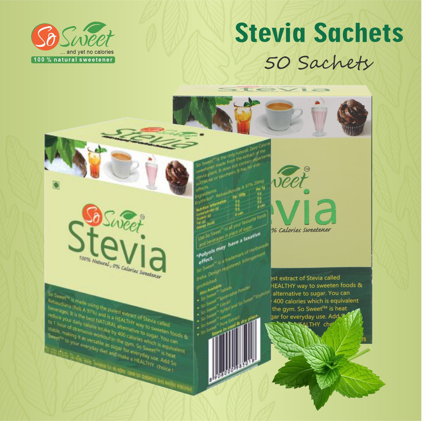 So Sweet Stevia Combo (250gm, 50 Sachets, 500 Stevia Tablets) Natural Sweetener