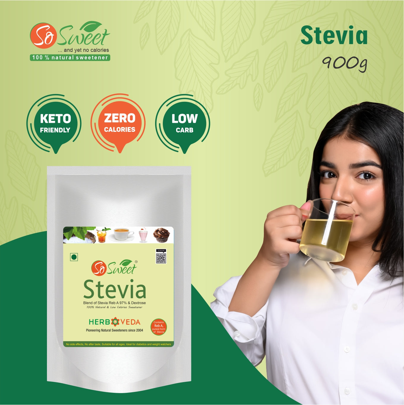 So Sweet Stevia Powder 100% Natural Low Calories Sugar Free Sweetener 900gm- Pack of 4