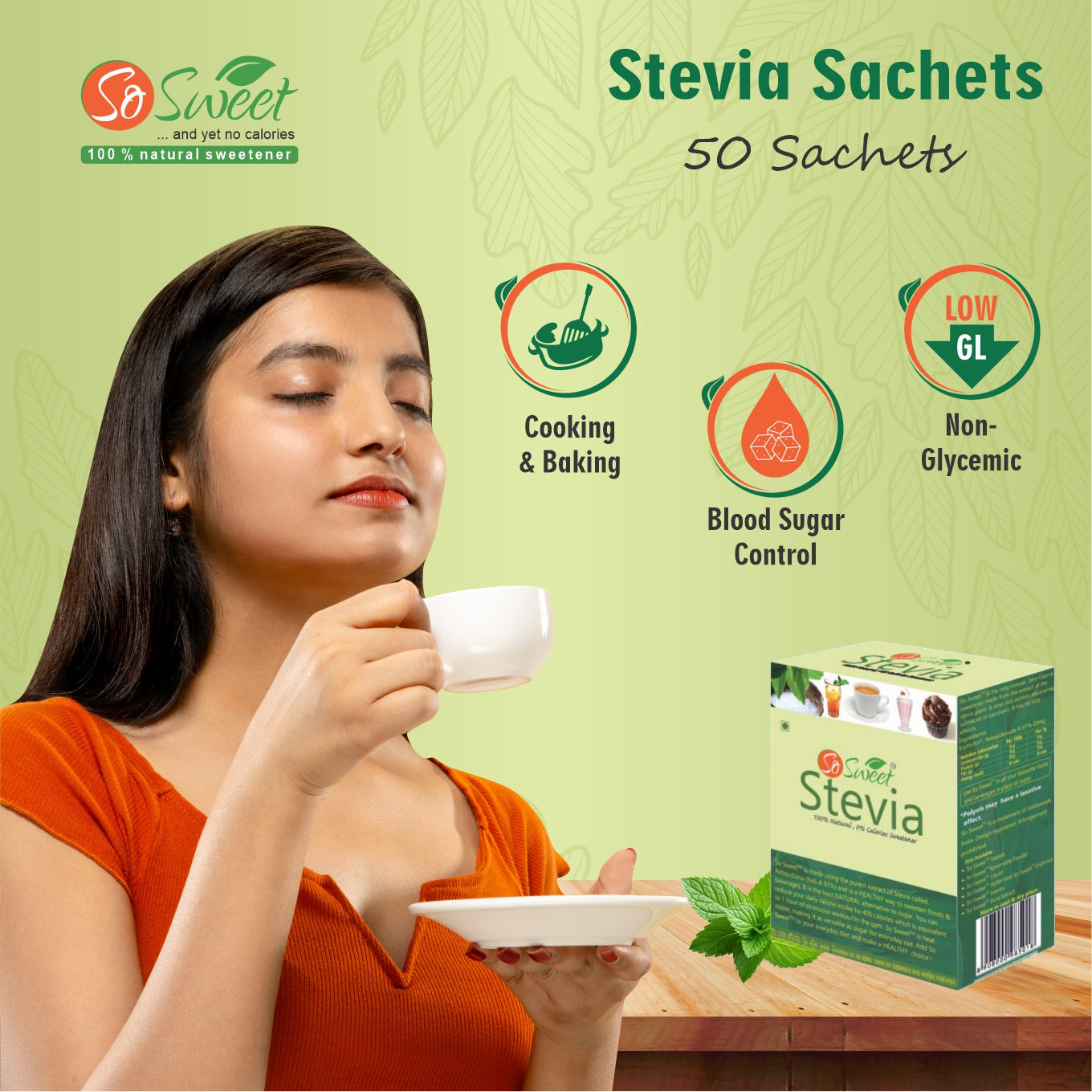 So Sweet 100% Natural Sweetener Sugar Free Stevia 50 Sachets + 20ml Liquid (400 Drop) Stevia Drops