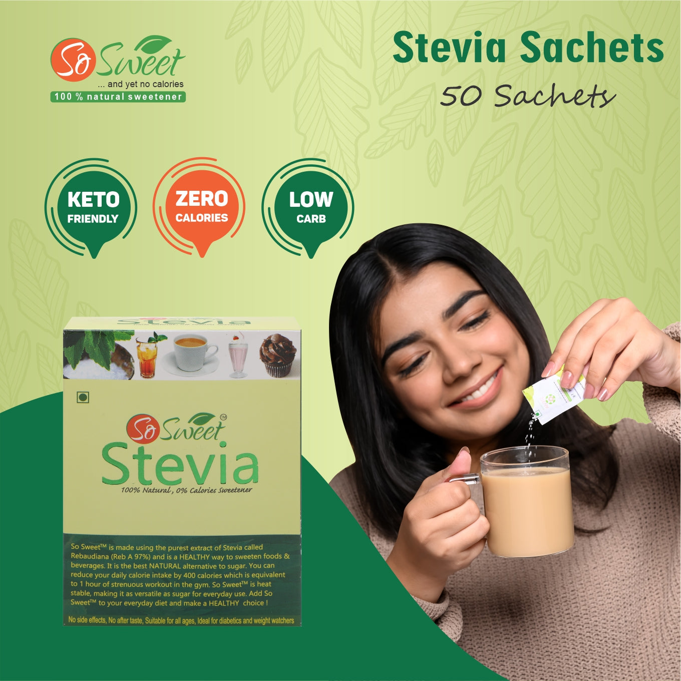 So Sweet Stevia Sachets 50 Zero Calorie 100% Natural Sweetener - Sugar Free