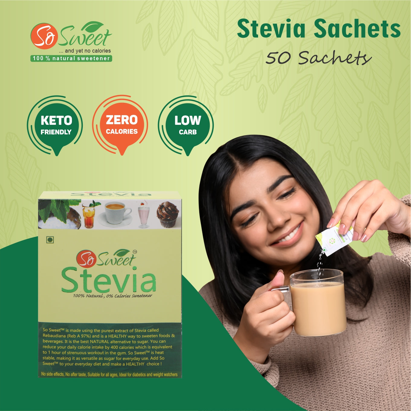 So Sweet Stevia Combo (250gm, 50 Sachets, 500 Stevia Tablets) Natural Sweetener