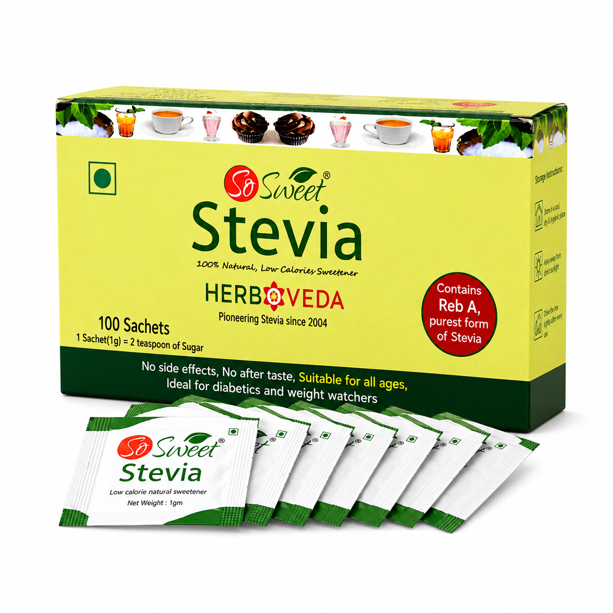 So Sweet Sugar Free Low Stevia  Sachets 100% Natural Sweetener |100 Sachet | Diabetic Safe