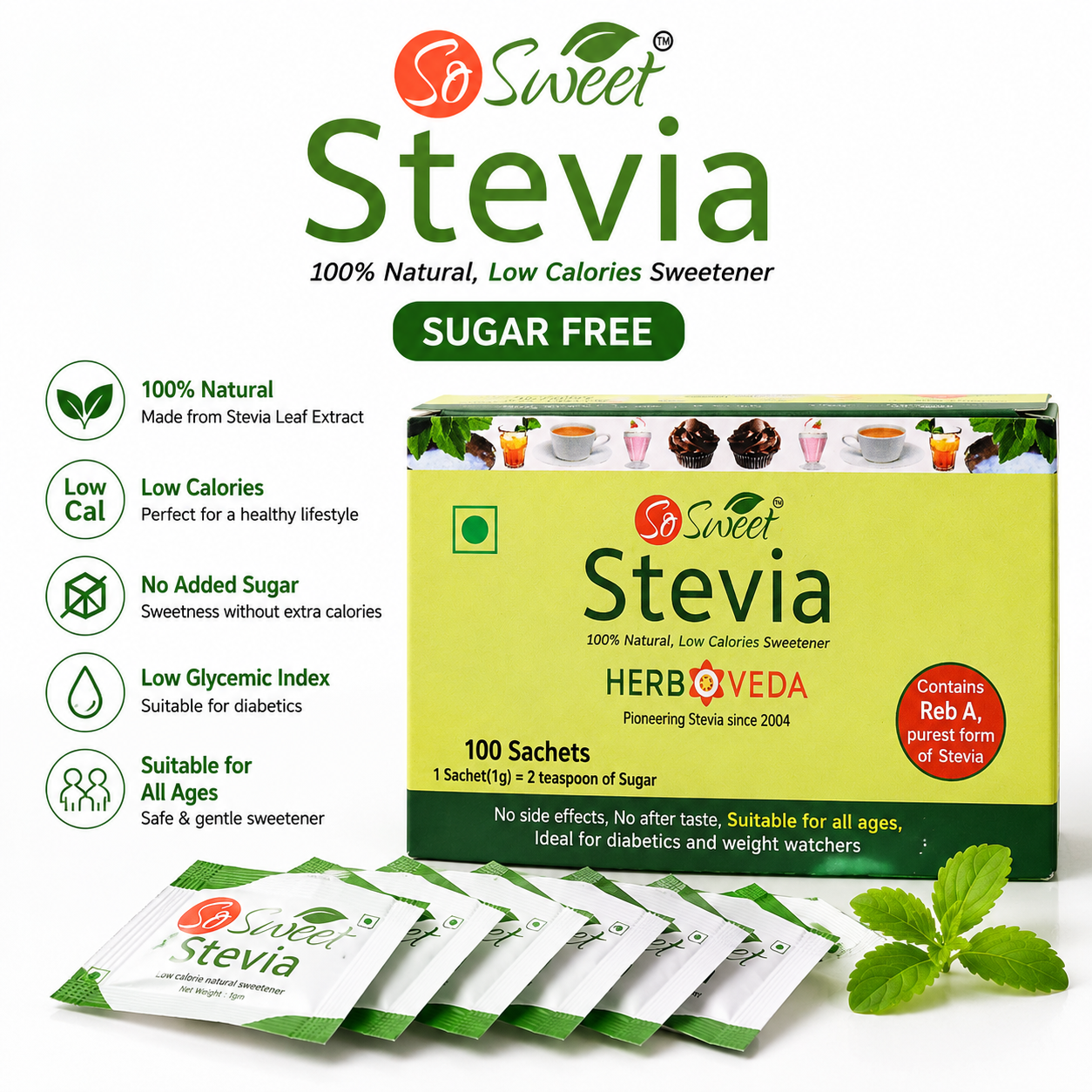 So Sweet Sugar Free Low Stevia  Sachets 100% Natural Sweetener |100 Sachet | Diabetic Safe