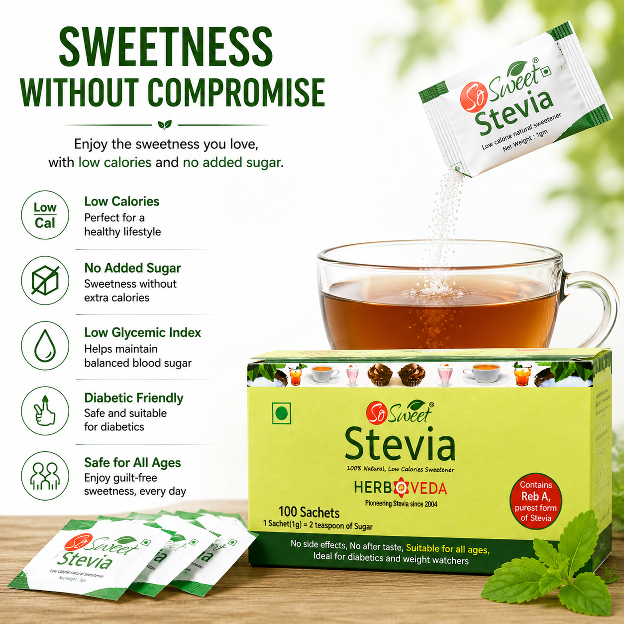 So Sweet Sugar Free Low Stevia  Sachets 100% Natural Sweetener |100 Sachet | Diabetic Safe