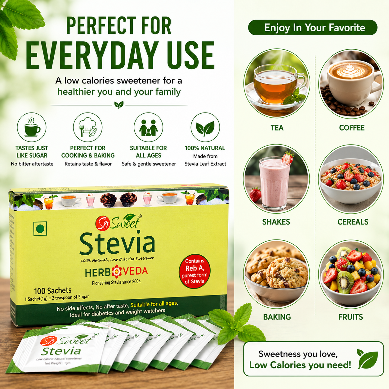 So Sweet Sugar Free Low Stevia  Sachets 100% Natural Sweetener |100 Sachet | Diabetic Safe