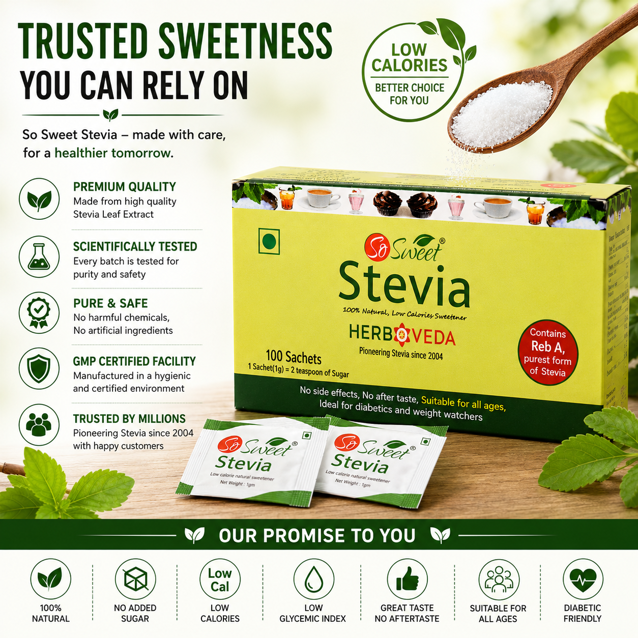 So Sweet Sugar Free Low Stevia  Sachets 100% Natural Sweetener |100 Sachet | Diabetic Safe